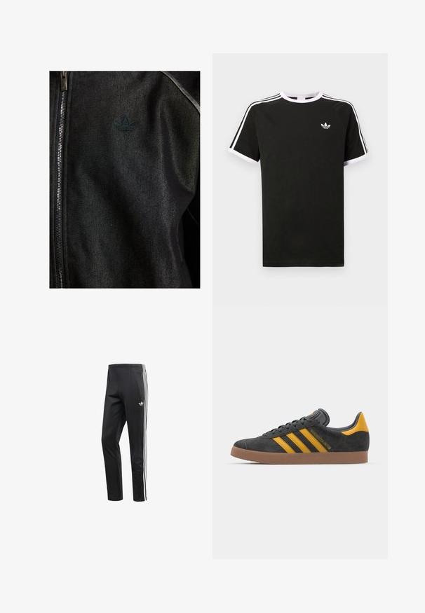 Melnā zipa jakas izgatavota no teksturētas auduma. Izceļas ar diskrētu, tumšu logotipu un kontrastējošiem šuvēm gar malām.; Melna kokvilnas T-kreklu ar baltajiem akcentiem. Iezīmes īsas piedurknes, raglanu dizains un mazs logo uz krūšu. Trīs baltas svītras uz pleciem.; Melna sporta bikses ar baltām trīs svītrām sānos, elastīgu jostasvietu un mazu logo netālu no gurniem. Gluda auduma tekstūra.; Melnas zamšādas kedas ar dzelteniem akcentiem, kurām ir trīs svītras un brūna gumijas zole. Iekļauta mīksta valkāšanas tongue komfortam.