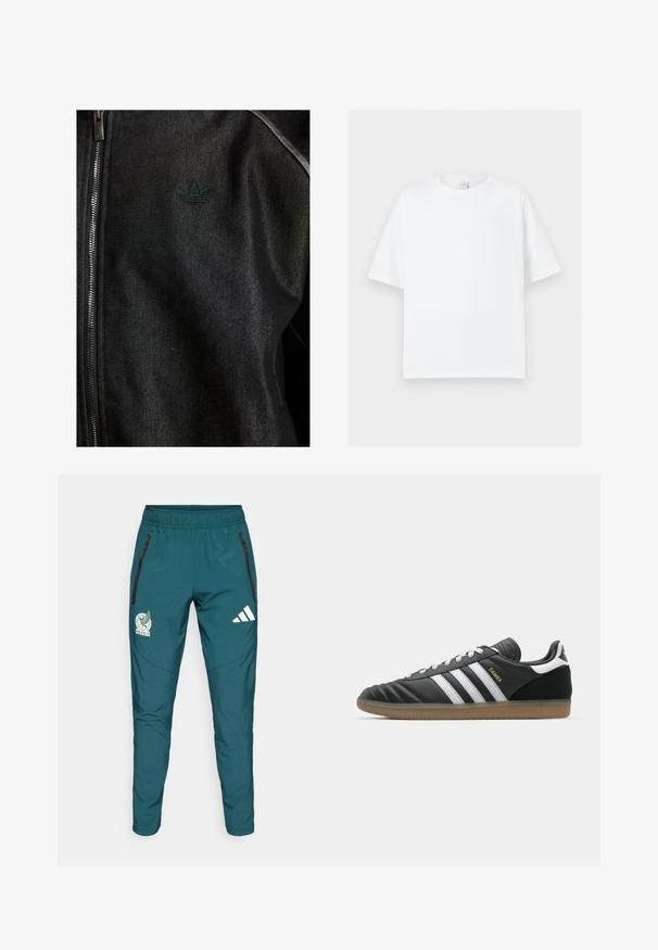 Black zip-up jacket made of textured fabric. Features a subtle, dark logo and contrast stitching along the seams.; White oversized t-shirt, cotton material, crew neckline, short sleeves, smooth texture, simple design, no patterns or accents.; Teal athletic pants with a tapered fit, featuring black zippered pockets, a Mexico emblem, and white Adidas logo on the left leg.; Black leather sneakers with white stripes, textured upper, rounded toe, gum-colored rubber sole, "Samba" logo in gold on the side.