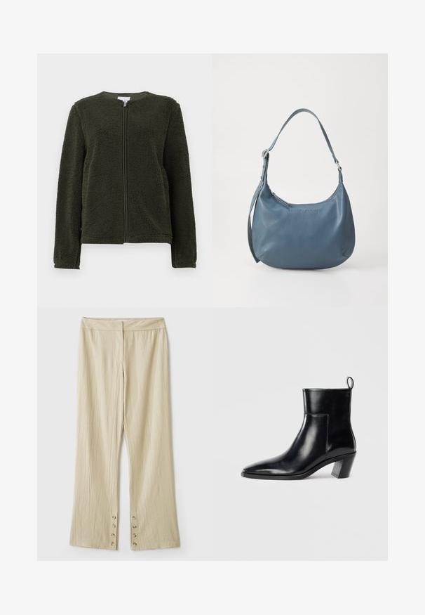 Tamsiai žalia flisinė striukė su ilgomis rankovėmis, apvalia iškirpte ir priekyje esančiu užtrauktuku, pristatyta ant balto fono.; Tamsiai alyvuogių spalvos kabeliu megztas džemperis su užtrauktuku. Savybės: raukšlėta apykaklė, tekstūruotas raštas ir sidabrinis užtrauktukas.; Juodas be rankovių topas su apvaliu iškirpimu ir rakto skylutės formos nugara. Papuoštas vertikaliomis klostėmis, suteikiančiomis tekstūrą. Lygus audinys su lengvu blizgesiu.; Žvakiški bežinės spalvos plačių kojų kelnės su tekstūruotu audiniu. Yra plokščias liemuo ir penki mygtukai apačioje užsegimui. Su raukšlėmis.; Juodas odinis kulkšninis botas su smailiu pirštu, geometriniu krūviniu kulnu ir traukimo juostele gale. Lygi tekstūra ir elegantiškas dizainas.; Mėlyna odinė rankinė su apvalia forma, viena petneša, užtrauktuku ir iškilmingu prekės ženklu priekyje. Lygi tekstūra.