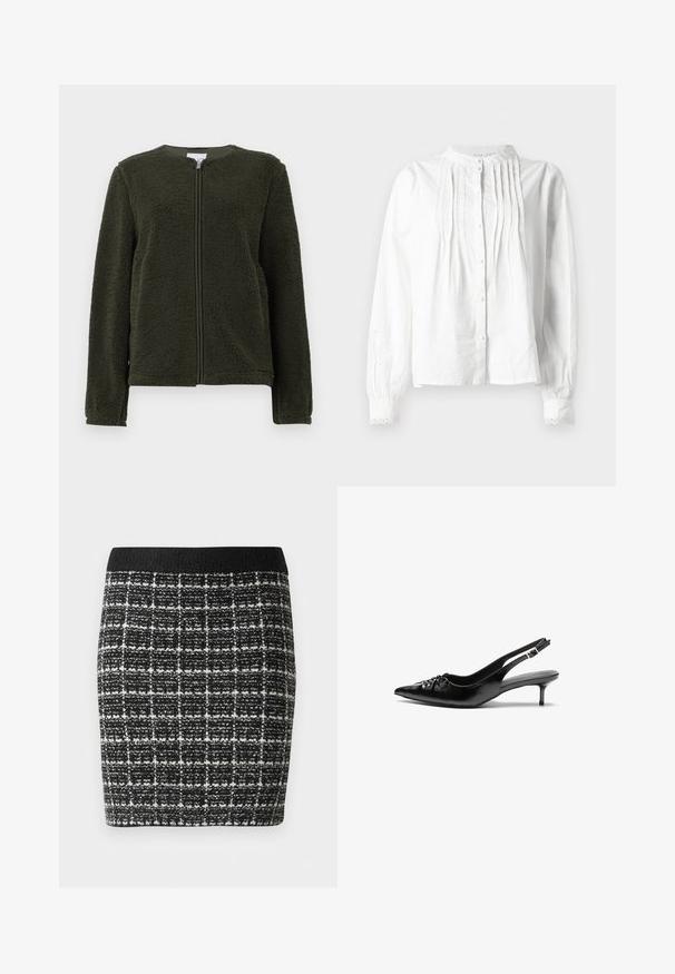 Mørkegrøn fleecejakke med lange ærmer, rund hals og lynlås foran, vist på en hvid baggrund.; Hvid langærmet bluse med standkrave, lodrette plisseringer på forsiden, knaplukning og blonderkantede manchetter.; Sort-hvid ternet nederdel med et tekstureret stof, der har en sort talje og en tætsiddende silhuet.; Sorte læderslippers med spidse tæer, lille kitten hæl og en dekorativ knude detalje foran. Glat tekstur hele vejen rundt.