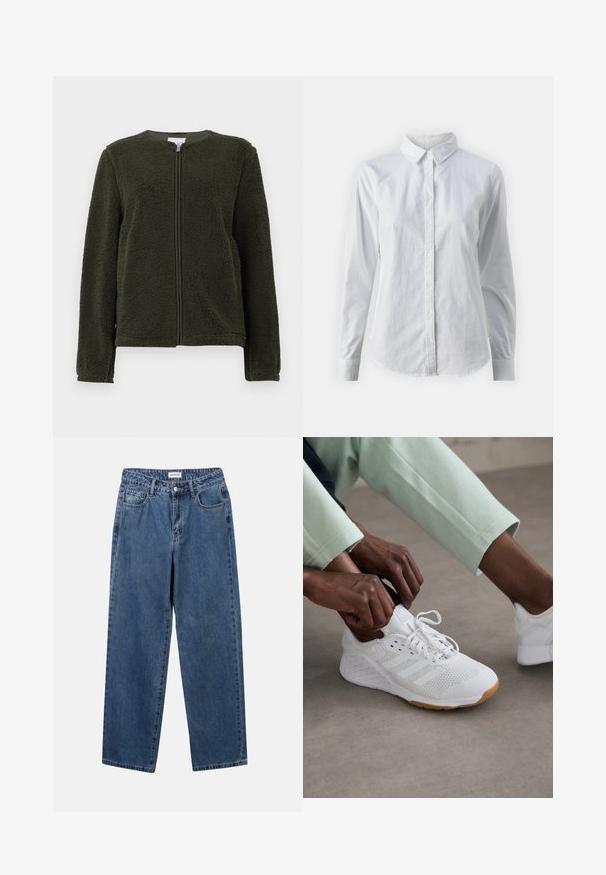 Mørkegrøn fleecejakke med lange ærmer, rund hals og lynlås foran, vist på en hvid baggrund.; Hvid skjorte med knapper lavet af glat bomuld, der har en klassisk krave, lange ærmer og en buet kant. Knapperne er små og hvide.; Klassiske blå denimbukser med lige ben, fem lommer og knaplukning. Har en medium vask og en robust tekstur.; Hvid sportssko med en overdeles i mesh, gummisål og design med tre striber. Snørebåndene justeres; let grå og mintgrønne klæder synlige.