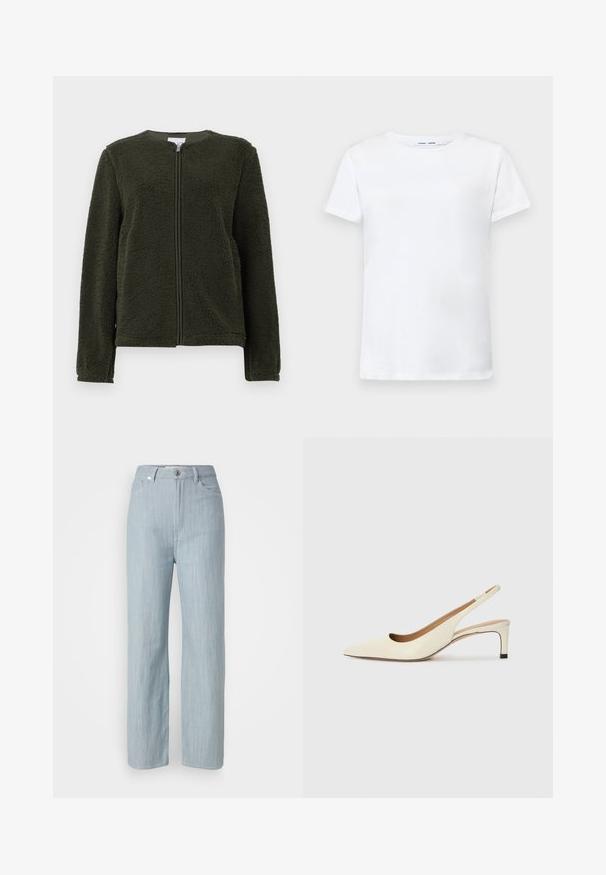 Tamnozeleni flis jakna s dugim rukavima, okruglim izrezom i prednjim patentnim zatvaračem, prikazana na bijeloj pozadini.; Bijela kratka majica s kratkim rukavima od pamuka s dizajnom okruglog izreza. Glatka tekstura i ravni kroj, bez uzoraka ili naglaska.; Svijetloplave traperice ravnog kroja. Imaju pet džepova, metalno dugme za zatvaranje i suptilne tragove habanja za dodatnu teksturu.; Cipele s otvorenim petama u boji off-white, od kože, s uskim vrhom, niskom petom i izrezbarenim dizajnom, glatke teksture i minimalnim detaljima.