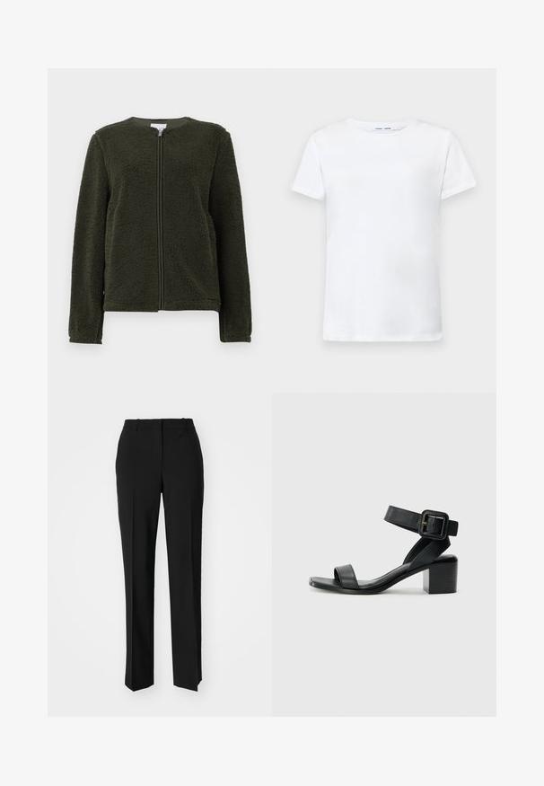 Mørkegrønn fleecejakke med lange ermer, rund hals og frontlukking med glidelås, vist på en hvit bakgrunn.; Hvit kortermet t-skjorte laget av bomull med rund hals-design. Glatt tekstur og rett snitt, uten mønstre eller detaljer.; Sorte skreddersydde bukser med rett silhuett, med en glatt tekstur og klare pressede bretter foran. Ingen synlig maskinvare.; Svart lær hæl sandal med justerbar ankelstropp, åpen tå design og firkantet blokk hæl. Glatt tekstur, minimalistisk stil.
