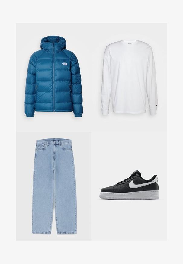 Casaco azul acolchoado com capuz, fecho à frente, bolsos laterais e um logótipo distinto no lado esquerdo do peito. Feito de material brilhante e isolante.; T-shirt de mangas longas branca feita de algodão. Design de gola redonda com punhos canelados e um pequeno logotipo na manga esquerda. Textura suave.; Jeans de denim azul claro com design de perna reta, apresentando uma cintura de altura média, cinco bolsos e um fecho de botão e zíper.; Sapatilha de pele preta com superfície texturizada, swoosh branco da Nike, sola cinza, bico redondo e design com atacadores. Apresenta perfurações na caixa dos dedos.