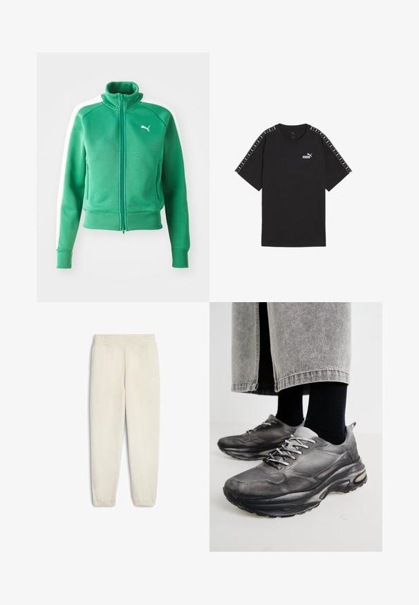 Sweat-shirt zippé vert en tissu texturé, avec des poignets et un ourlet côtelés, présentant des panneaux latéraux blancs et un logo blanc sur la poitrine.; T-shirt noir à manches courtes en coton. Présente un logo Puma blanc sur la poitrine et des accents à motifs sur les épaules. Coupe standard et col rond.; Pantalons de survêtement beige clair en tissu doux, avec une taille élastique, des chevilles resserrées et un petit logo blanc sur le côté.; Des chaussures de sport noires et grises présentent un dessus en mesh, des semelles épaisses et des lacets. Elles ont un bout arrondi et des détails de rembourrage visibles.