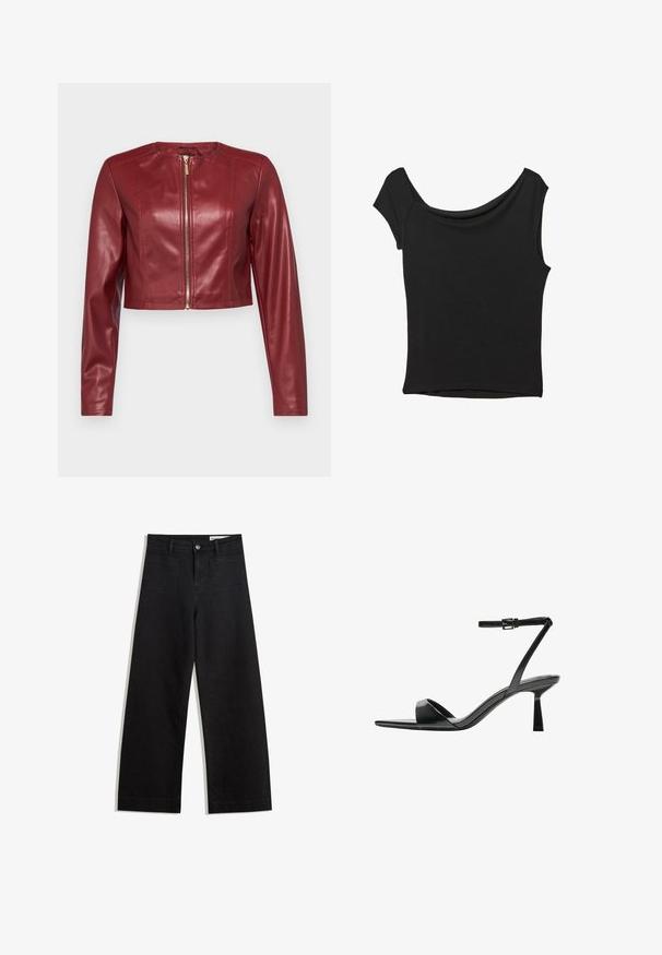 Giacca cropped in pelle rossa con maniche lunghe e chiusura frontale con zip. Presenta una texture liscia e un design minimalista. Dettaglio della zip in tono oro.; Top nero a maniche corte realizzato in tessuto liscio; presenta un colletto drappeggiato e un orlo asimmetrico, con una vestibilità aderente.; Pantaloni in denim neri a gamba larga con vita alta, dotati di tasche anteriori e posteriori, cuciture a punto, e chiusura con bottone. Texture liscia.; Bershka Sandali con tacco - black