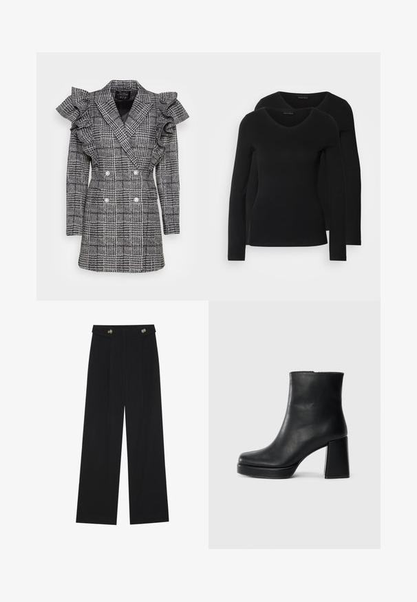 Custommade KOBA - Casaco curto - anthracite black; Duas camisetas pretas de manga longa com design em V, feitas de um tecido macio e elástico, apresentando uma textura suave e um formato ajustado.; Calças largas pretas com cintura alta, detalhes em botão na cintura e pregas frontais.; Bota de couro preta até ao tornozelo com salto bloco e sola com plataforma, vista de lado sobre um fundo branco liso.