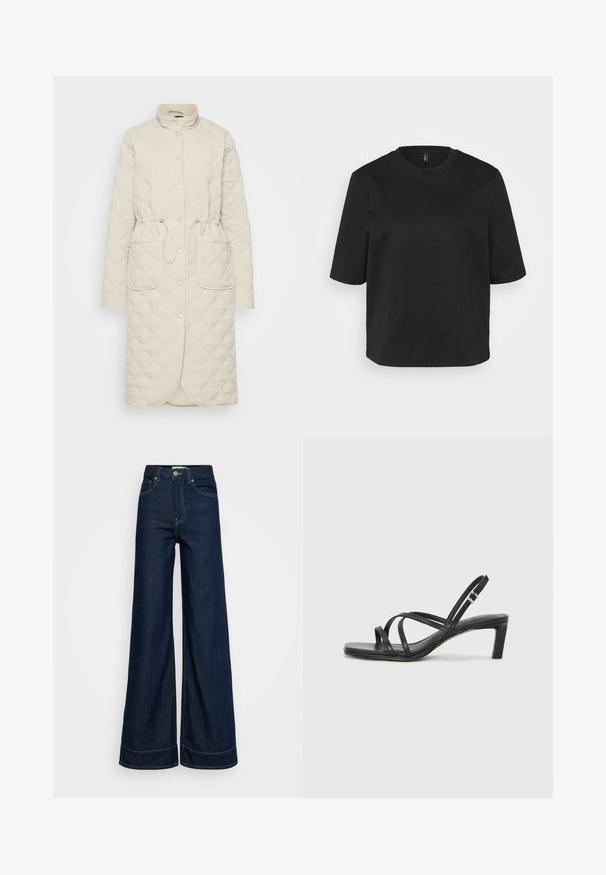 Cappotto beige trapuntato con colletto alto, chiusura a bottoni, vita con cordoncino e due tasche frontali. Presenta un tessuto strutturato a motivo romboidale.; T-shirt nera a girocollo realizzata in cotone, con maniche corte e vestibilità comoda. Texture liscia senza motivi o dettagli visibili.; Jeans a vita alta di colore blu scuro, con gamba larga, tasche frontali, passanti per cintura, chiusura con bottone e cuciture visibili su uno sfondo bianco.; Sandalo nero con cinturini, dalla punta squadrata e tacco basso a blocco. Presenta diversi cinturini sottili e una cinturini regolabile alla caviglia. Realizzato in pelle liscia.