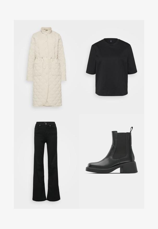 Palton bej matlasat, cu guler înalt, închidere cu nasturi, talie ajustabilă cu șnur și două buzunare frontale. Are un material texturat cu un model în diamant.; Tricou negru cu gât rotund, din bumbac, cu mâneci scurte și o croială lejeră. Textură netedă, fără modele sau accente vizibile.; Jeans negri evazați din denim, cu talie înaltă, cinci buzunare și închidere cu nasture metalic. Textură netedă, cu detalii minime.; Botine negre din piele, cu panouri elastice pe laterale, vârf rotund și toc gros. Textură netedă cu un design minimalist.