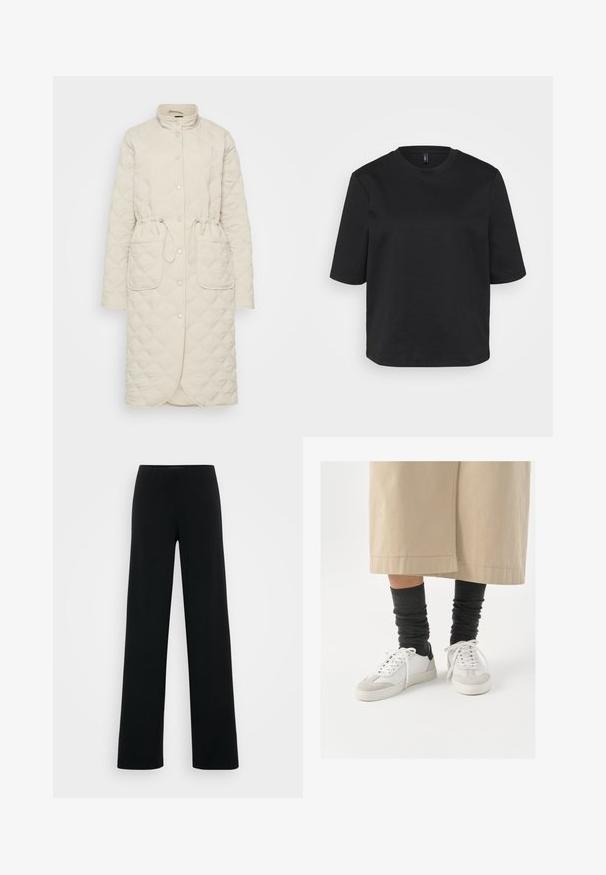 Beige quiltattu takki, jossa on korkea kaulus, napitus, kiristettävä vyötärö ja kaksi etutaskua. Siinä on timanttimainen kuviotekstuuri.; Mustapaita pyöreällä kaula-aukolla, joka on valmistettu puuvillasta. Paidassa on lyhyet hihat ja rento malli. Pintakuvio on sileä ilman näkyviä kuvioita tai yksityiskohtia.; Vero Moda Tall VMBERLIN ZAMIRA WIDE - Housut - black; Valkeat ja harmaat tennarit mustalla kantapääkorostuksella, joissa on sileä nahkaosa ja teksturoitu mokkanokka. Yhdistetty tummanharmaisiin löysiin sukkiin.