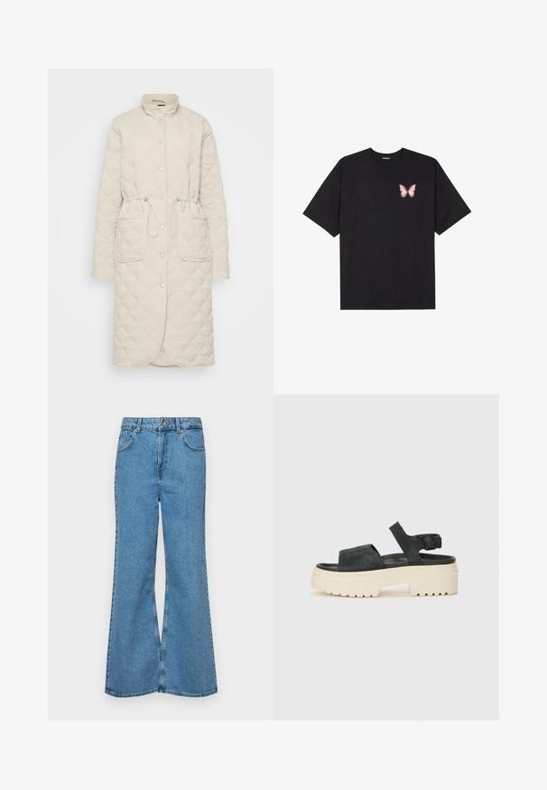 Quilted bež plašč z visokim ovratnikom, gumbi, pasom na vrvico in dvema sprednjima žepoma. Ima teksturirano blago z diamantskim vzorcem.; Črna bombažna majica s kratkimi rokavi, ki ima majhen roza metuljček na levi strani prsnega dela. Majica s krožnim ovratnikom in sproščenim krojem.; Svetlo modri razširjeni džins hlače iz denima, z visokim pasom, petimi žepi in enim gumbom za zapiranje. Mehka tekstura z blagim zbledelim videzom.; Črne nubuk sandale na platformi z debelim belim podplatom, širokim sprednjim trakom in nastavljivim zapenjanjem okoli gležnja. Teksturiran podplat za boljši oprijem.