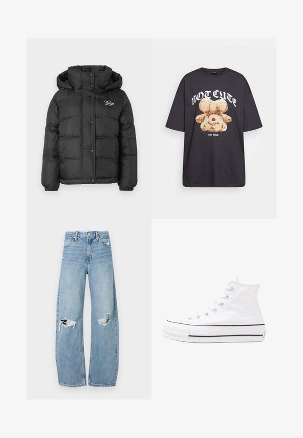 Jachetă neagră matlasată cu glugă, design capitonat, nasturi capse și buzunare laterale. Prezintă logo-ul „Gap” alb pe piept.; Tricou oversized negru featuring un grafic cu un urs și textul „NU E DRĂGUȚ DAR SUNT SĂLBATIC” în litere albe, îndrăznețe. Material din bumbac.; Jeans de denim, de un bleu deschis, cu talie înaltă. Au picioare late, două zone rupte la genunchi și un stil clasic cu cinci buzunare.; Adidași albi tip pantofi sport cu glezna din pânză, cu talpă din cauciuc negru, capac de vârf din cauciuc frontal și șase ochiuri pentru șireturi, având un design curat și minimalist.