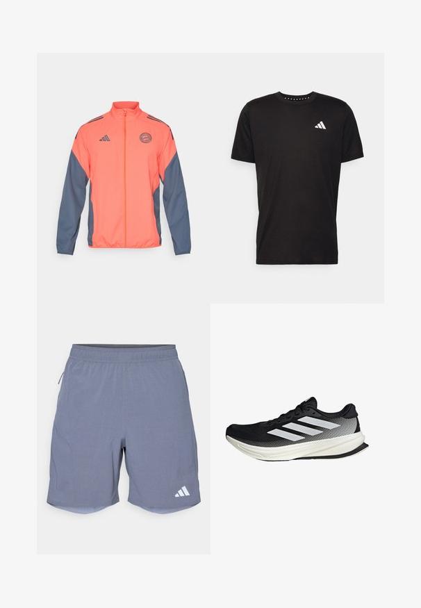 Orangene und marineblaue Zip-Jacke mit Stehkragen, Adidas-Logo und Team-Logo. Leichtes Material mit kontrastierenden Seitenpaneelen und Bündchen.; Schwarzes Baumwoll-T-Shirt mit kurzen Ärmeln, Rundhalsausschnitt und einem weißen Logo auf der linken Brust. Glatte Textur und einfaches Design.; adidas Performance Kurze Sporthose - onix; Schwarzer Sportschuh mit einem Mesh-Design, ausgestattet mit weißen Streifen, einer runden Zehenpartie und einer strukturierten Sohle für Grip und Unterstützung.