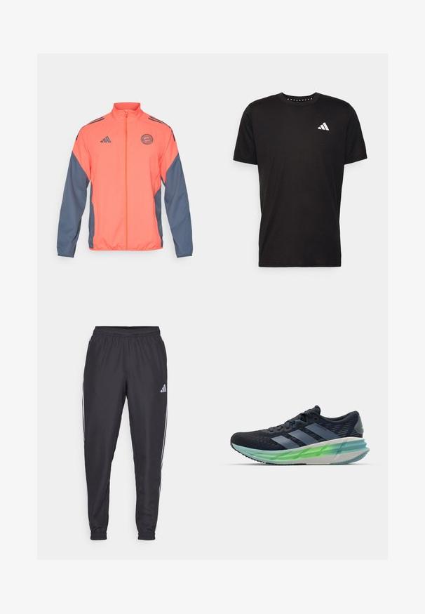 Oranžová a námornícka zipsová bunda s stojatým golierom, logo Adidas a tímový nášivka. Ľahký materiál s kontrastnými bočnými panelmi a manžetami.; Čierne bavlnené tričko s krátkymi rukávmi, klasickým výstrihom a bielym logom na ľavej strane hrude. Hladká textúra a jednoduchý dizajn.; Čierne športové nohavice s elastickým pásom, s bielymi pruhmi po bokoch a malým logom na boku. Hladká textúra.; Čierna a modrá atletická obuv s priedušným zvrškom, tromi bielymi pruhmi, zelenou priehľadnou podrážkou a výraznou textúrovanou štruktúrou. Ľahký dizajn.