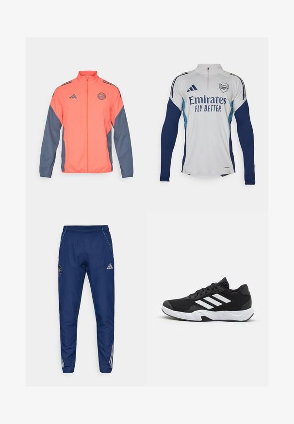 Orange og marineblå zip-jakke med standkrave, Adidas-logo og hold patch. Letvægtstof med kontrasterende sidelapper og manchetter.; Hvid langærmet trøje med marineblå detaljer, halv-zip halsudskæring, med "Emirates Fly Better" logo og Arsenal klublogo.; Navy joggerbukser lavet af letvægtsstof, med en blå accent, logo-patch og tre hvide striber langs de nederste ben.; Sorte atletiksko med en tekstureret mesh-overdel, hvide accentstriber, en polstret sål og en forstærket hæl for støtte.