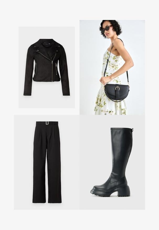 Čierna semišová motocyklová bunda s asymetrickým zipsom, ľahkým golierom, zipsovými vreckami a prispôsobeným strihom. Hladká textúra a skrátený dizajn.; Čierny top s dlhými rukávmi a okrúhlym výstrihom. Obsahuje nastaviteľné viazania na rukávoch, vyrobený z hladkej, elastickej tkaniny.; Čierne nohavice s vysokým pásom a širokými nohavicami, s pútkami na opasok a striebornou obdĺžnikovou sponou na bielom pozadí.; Vysoká čierna kožená čižma s masívnou platformou a blokovým podpätkom, s praktickým pútkom a textúrovaným vzorom na podošve.; Čierna kožená kabelka s zaobleným tvarom, odnímateľným popruhom a zlatými doplnkami. Kabelka má klopu s detailom s prackou.