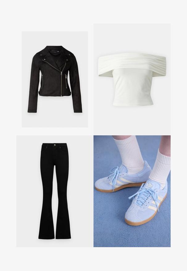 Must musta motojope, millel on asümmeetriline lukk, nööbiga krae, lukuga taskud ja kohandatud lõige. Sile tekstuur ja lühike disain.; Õlavarrelt avatud valge topp, millel on volditud, struktureeritud kaelus ja istuv bodi. Valmistatud pehmest kangast, millel on sile tekstuur.; Mustad kõrge vöökohtadega teksad, millel on nööp ja lukuga sulgemine, esikäe taskud ja laienevad sääred, asetatud tasasele valgele taustale.; Heledad sinine seemisneakerid valgete triipudega, lamedate paeltega ja kaaliumkummist tallaga. Valged soonikkoes sokid on kantud üle pahkluude.