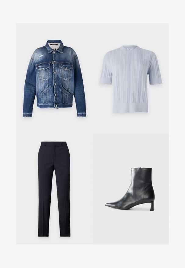 Denim jakna v različnih odtenkih modre, s starinskim zaključkom, dvema žepoma na prsih, stranskima žepoma, vidno šivanjem in kovinskimi gumbi.; Svetlo modra kratkozaprstna pletena majica z vertikalno rebrasto teksturo in okroglim izrezom. Tkanina prikazuje subtilne detajle z ožjim robom.; Zadnje hlače v mornarično modri barvi s ravnim krojem, ki imajo gladko teksturo, dve sprednji žepki in čisto pasnico.; Črne usnjene gležnjarje s šiljastim nosom in elegantnim dizajnom. Imajo nizko peto in zadrgo na zadnji strani. Gladka tekstura.