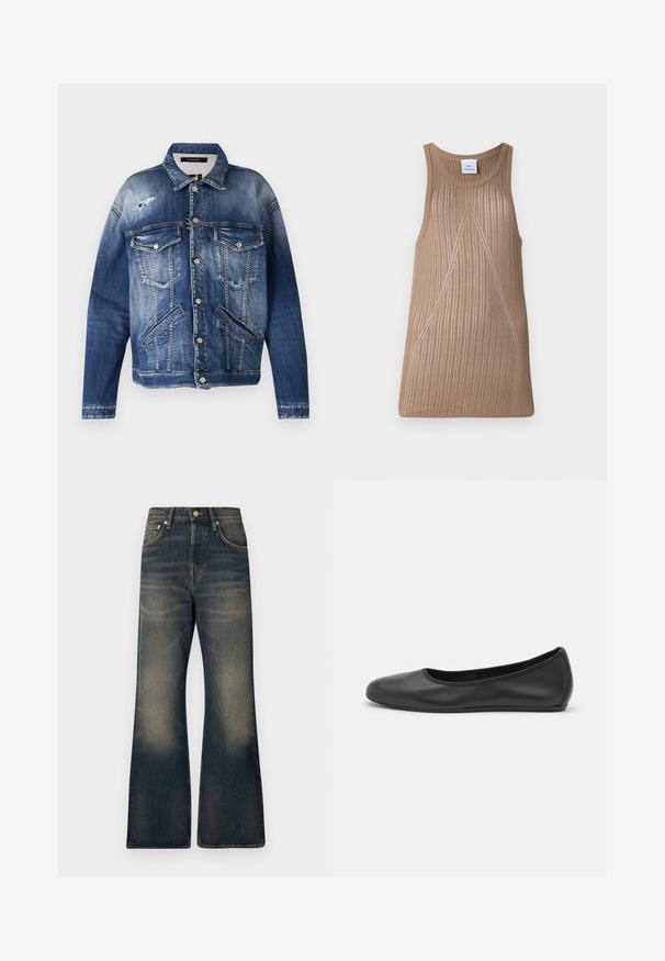 Jeansjack in verschillende tinten blauw, met een versleten afwerking, twee borstzakken, zijzakken, zichtbare stiksels en metalen knopen.; Beige, mouwloze trui van breiwerk met een geribbelde textuur, met een A-lijnvorm en subtiele diagonale stikseldetails.; Donkerblauwe flared jeans van denim met een vervaagde was, voorzien van vijf zakken, een knoopsluiting en contrasterende stikseldetails.; Zwarte leren ballerina met een ronde neus, gladde textuur, minimale stikdetails en een flexibele zoolontwerp.