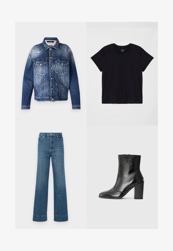 Traper jakna u raznim nijansama plave, s istrošenim izgledom, dva džepa na prsima, bočna džepa, vidljivo šivanje i metalni gumbi.; Crna majica s kratkim rukavima izrađena od mekog pamuka. Klasičan dizajn s okruglim izrezom, s jednostavnom, neukrašenom površinom i opuštenim krojem.; Široke plave traperice imaju visoki struk, dizajn s pet džepova i poderan rub. Tkanina ima glatku teksturu s laganim izbljeđivanjem.; Crna kožna čizma do gležnjeva s glatkom teksturom, špicastim vrhom i debelim visokim potpeticama. Ima bočni otvor i minimalistički dizajn.