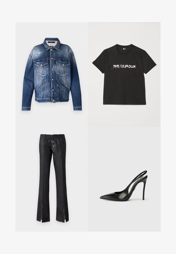 Džinsinis švarkas skirtingų mėlynų atspalvių, su dėvėtu pabaigtu, dviem krūtininėmis kišenėmis, šoniniais kišeniais, matomu siuvinėjimu ir metaliniais mygtukais.; Juodas medvilninis marškinėliai trumpomis rankovėmis, su spausdintu baltu ir pilku „THE 2LOOK“ dizainu priekyje. Klasikinis apvalus iškirpimas.; Juodos platėjančios kelnės su blizgiu paviršiumi, turinčios dvi priekines kišenes ir skeltukus prie apvado, pagamintos iš patvarios medžiagos.; Juoda slingback bateliai su smailiu toe, tekstūruota gyvatės rašto, stiletto kulnu ir dekoratyviu užsegimu ant dirželio.