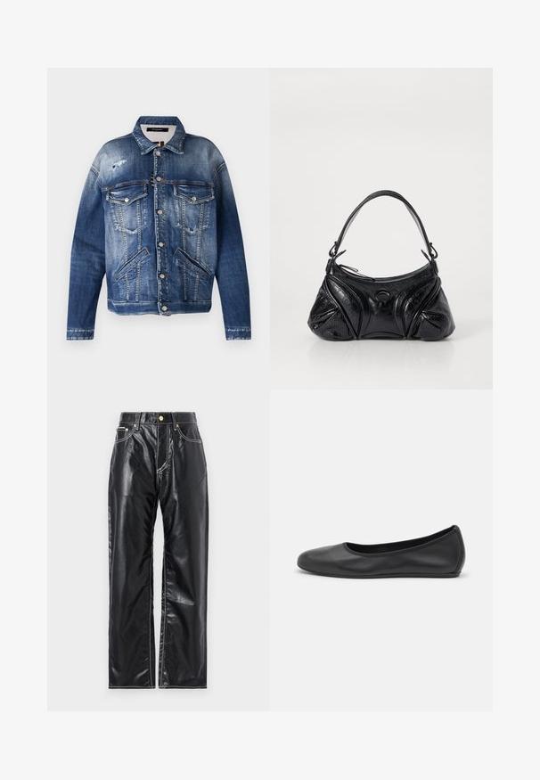 Denimjakke i forskellige nuancer af blå, med en slidt finish, to brystlommer, sidelommer, synlig syning og metalknapper.; Hvid kortærmet t-shirt lavet af ribbet stof. Rund halsudskæring, almindelig pasform og subtile syninger. Ingen mønstre eller grafik.; Sorte faux læderbukser med en vidde benlængde, der har hvid syning, frontlommer og en guldfarvet knap i taljen.; Sort læderballetsko med rund tå, glat tekstur, minimal syning og et fleksibelt såldesign.; Sort håndtaske lavet af tekstureret læder med en rund form. Har en tynd skulderrem og dekorative præget mønstre.