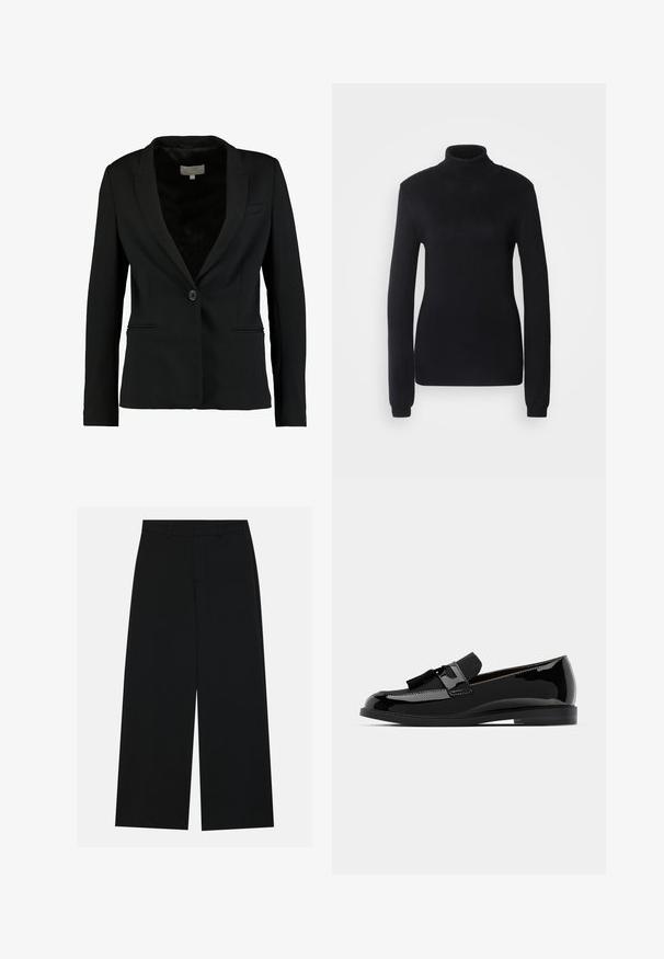 Melna žakete, izgatavota no gluda auduma, ar vienu pogu aizdari, iegrieztām atlokām un divām priekšējām kabatām, ar pielāgotu piegriezumu.; Melns augsta kakla džemperis, izgatavots no mīksta adīta auduma, ar garām piedurknēm un pieguļošu siluetu, kuram ir ribota apkakle un apakšmalā.; Platām kājām melni bikses, izgatavotas no gludas auduma. Ar plakanu jostasvietu un jostu cilpiņām, bez redzamām kabatām. Vienkāršs dizains.; Melnas patentētas ādas loafers ar platu papēdi, papildināti ar pušķi un gludu virsmu, izstrādāti ar noapaļotu purngalu un smalku dūrienu.