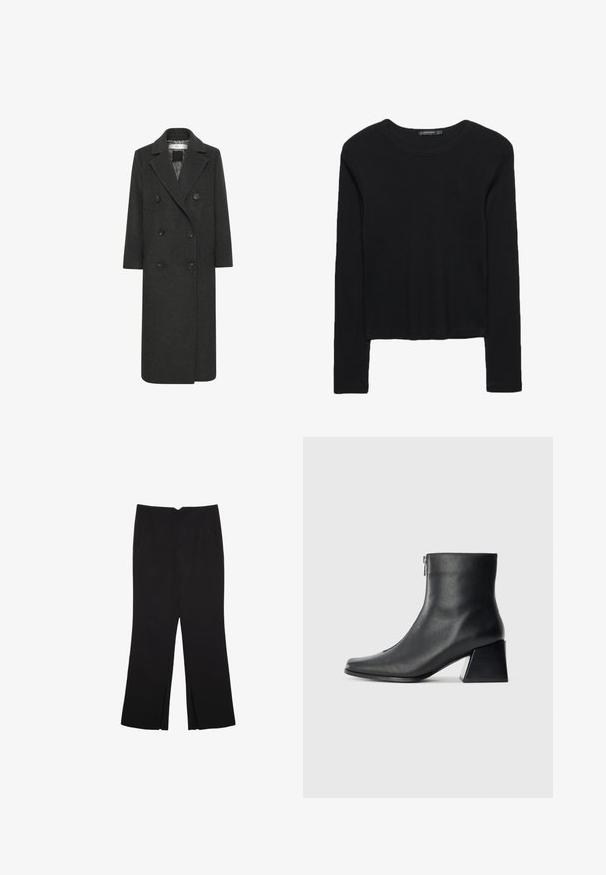 Dvojvrstni dolg plašč v temno sivi mešanici volne, ki ima zarezan ovratnik, šest gumbov in dve sprednji žep. Gladka tekstura.; Črna dolga majica z dolgimi rokavi iz teksturirane tkanine. Ima okroglo izrez in kratek kroj z oprijetimi rokavi. Brez vidnih vzorcev.; Črne hlače ravnega kroja z naglavnimi žepi in stranskimi razporki na robu. Narejene iz mehke, gladke tkanine. Primerne za različne priložnosti.; Črne usnjene gležnjarice s kvadratnim nosom, stranskim zadrgo in blok peto na enostavni svetli podlagi.