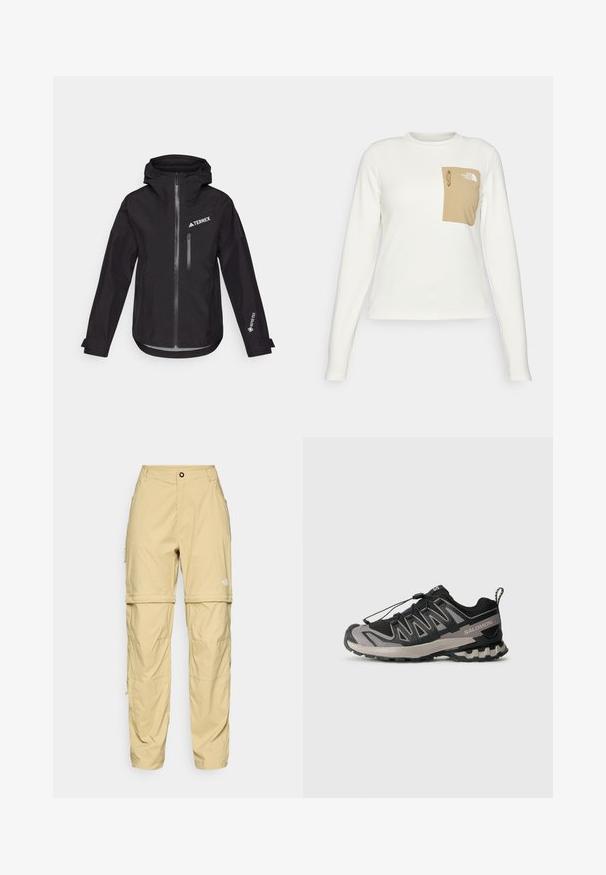 Czarna wodoodporna kurtka z kapturem, z zamkiem błyskawicznym z przodu, kieszenią na piersi oraz logo "TERREX" i "GORE-TEX" na rękawach.; Biała koszula z długim rękawem, wykonana z fakturowanej tkaniny, z beżową naszywaną kieszenią, wyposażoną w sznurek i logo.; Beżowe spodnie cargo, wykonane z lekkiego materiału, z zamkami błyskawicznymi po bokach, z zapięciem na guzik oraz logo na prawej udzie.; Czarno-szare buty sportowe z siateczkową cholewką, gumową podeszwą i elastycznym systemem sznurowania. Posiadają wzmocniony czubek i teksturowane akcenty.