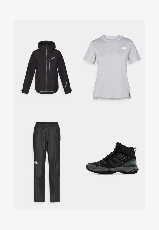 Juodas vandeniui atsparus džemperis su gobtuvu, su priekiniais užtrauktukais, krūtinės kišene ir „TERREX“ bei „GORE-TEX“ ženklinimu ant rankovių.; Pilkas trumpomis rankovėmis marškinėliai, pagaminti iš minkštos, drėgmę sugeriančios medžiagos. Turi apvalią iškirptę ir mažą baltą logotipą viršutiniame kairiajame kampe.; Juodi nepralaidūs vandeniui kelnių, pagamintų iš lengvos medžiagos, su elastingu juosmeniu, šoninėmis kišenėmis ir logotipu kairiajame šone.; Vidutinio aukščio žygių batai juodos ir pilkos spalvos. Ypatumai: tekstūruota viršutinė dalis, sustiprinta nosis ir Vibram padas, užtikrinantis sukibimą. Lengvas dizainas.