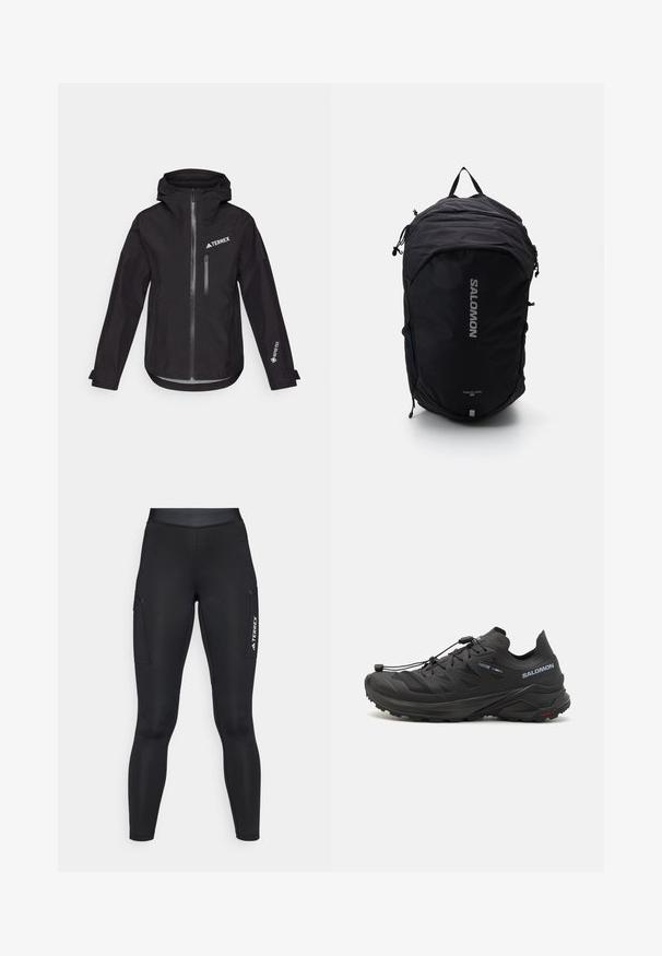 Fekete vízálló dzseki kapucnival, elülső cipzárral, mellzsebbel, valamint a "TERREX" és "GORE-TEX" márkajelzésekkel az ujjakon.; Hosszú ujjú fehér sportfelső, mokk nyakkal és kis középre helyezett logóval a mellkasán, egyszerű háttér előtt.; Fekete sport leggings, testhez simuló kialakítással, rugalmas anyagból. Oldalsó zsebekkel és fehér "TERREX" logóval rendelkezik.; Fekete terepfutó cipők, textúrált felsőrésszel, hálós panelekből és biztonságos rögzítési rendszerből. Robosztus talppal a tapadás érdekében.; Fekete hátizsák letisztult dizájnnal, texturált anyagból, állítható pántokkal és a fronton feltűnő ezüst "SALOMON" logóval.