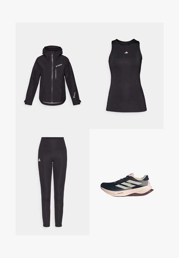Chaqueta impermeable negra con capucha, que cuenta con un zipper frontal, un bolsillo en el pecho y la marca "TERREX" y "GORE-TEX" en las mangas.; Top deportivo negro sin mangas hecho de una tela suave. Presenta un escote redondo y un pequeño logo blanco de Adidas en el pecho.; Leggings negros de cintura alta hechos de tejido elástico. Presenta un logo blanco en el lado izquierdo y un diseño elegante y sin costuras. Textura suave.; Zapatilla de running con una parte superior de malla azul oscura, suela beige claro y diseño de tres rayas blancas. Presenta una forma elegante y aerodinámica, y detalles texturizados.