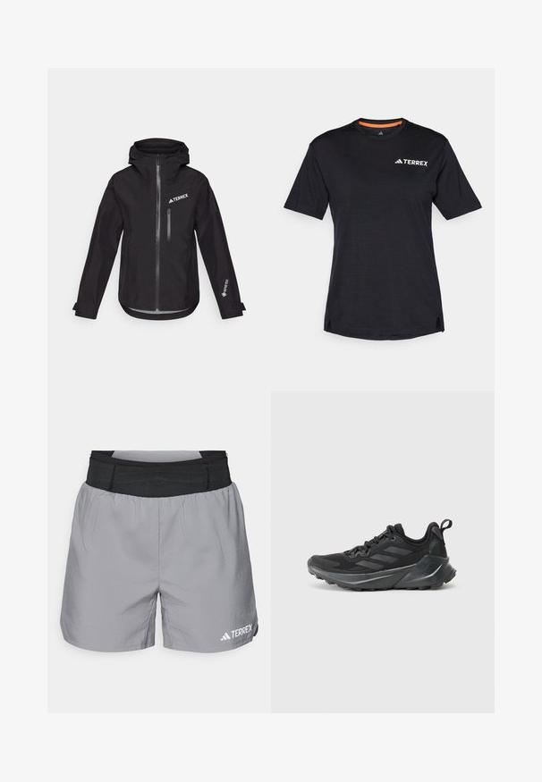 Veste noire imperméable avec capuche, comprenant une fermeture éclair frontale, une poche poitrine, et les logos "TERREX" et "GORE-TEX" sur les manches.; T-shirt noir à manches courtes avec col rond, présentant une texture chinée subtile et un logo "TERREX" blanc sur le côté supérieur gauche.; Shorts de sport gris avec une taille élastique noire, en matériau léger, coupe décontractée et accent de logo blanc sur le bas à droite.; Baskets de sport noires avec une tige en tissu texturé, un design à trois bandes grises en évidence, une semelle intermédiaire rembourrée et une semelle extérieure robuste.