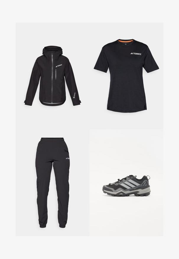 Schwarze wasserdichte Jacke mit Kapuze, ausgestattet mit einem Frontreißverschluss, einer Brusttasche und "TERREX" sowie "GORE-TEX" Branding auf den Ärmeln.; Schwarzes Kurzarm-T-Shirt mit Rundhalsausschnitt, das eine dezente melierte Textur aufweist und ein weißes "TERREX"-Logo auf der oberen linken Seite hat.; Schwarze wasserdichte Hosen mit einem elastischen Bund, seitlichen Reißverschlusstaschen, schmalen Beinen und gerippten Bündchen an den Knöcheln. Mit Logo-Details.; Schwarzer und grauer Wanderschuh mit strukturiertem Obermaterial, Gummisohle und drei auffälligen grauen Streifen an der Seite; verfügt über ein schnelles Schnürsystem.