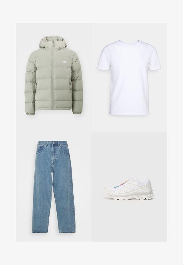 Puffiga jacka i ljusgrön med huva, med dragkedja framtill, elastiska ärmslut och en logotyp på vänster bröst. Slät yta och quiltat mönster.; Vit kortärmad t-shirt i bomullstyg med rund halsringning. Enkelt design utan mönster eller detaljer. Slät textur.; Ljust blå denimjeans med hög midja och avspänd passform, med två framfickor, en bakficka och knappstängning.; Vit träningssko med texturerad mesh-övre, reflexdetaljer och en dämpad sula. Framträdande varumärkeslogotyp på sidan.