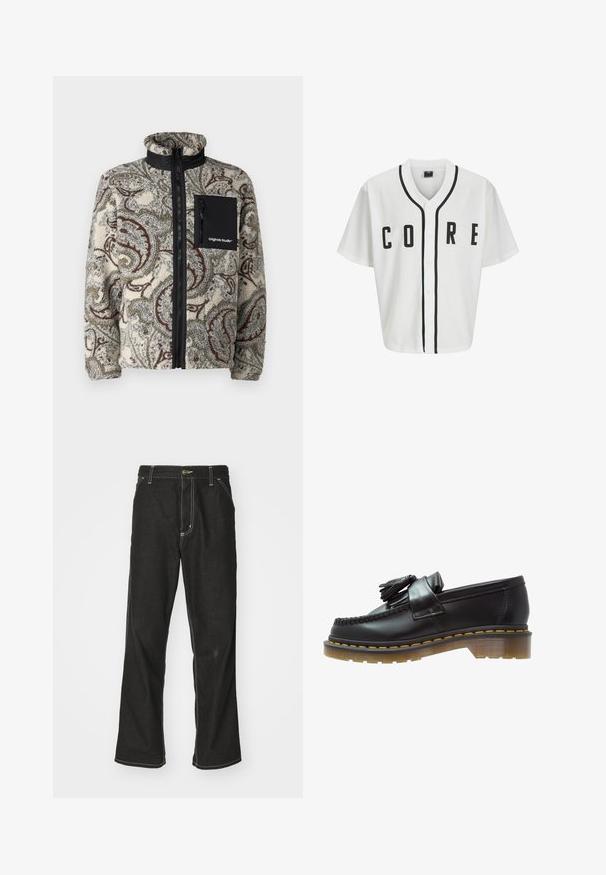 Jack & Jones JORVESTERBRO - Flisinė striukė - silver birch; Balta beisbolo stiliaus marškinėliai trumpomis rankovėmis, juodais priekiais mygtukais ir ryškiu juodu užrašu "CORE". Kolaras puošia juoda akcentinė apdaila.; Ilgavais baltas medvilninis marškinėliai su apykakle, su mažuoju geltonos ir raudonos spalvos logotipu kairėje krūtinės pusėje. Be siūlių rankogaliai ir pakloto kraštas.; Juodi džinsai su laisvu siluetu, turintys kontrastingas balto siūlo siūles, mygtuko uždarymą ir tiesų kojos dizainą.; Juodai odiniai loaferiai su tekstūruotu paviršiumi, dekoruoti dekoratyvinėmis kutais ir kontrastingomis geltonomis siūlėmis, ant masyvaus, skaidraus pado.