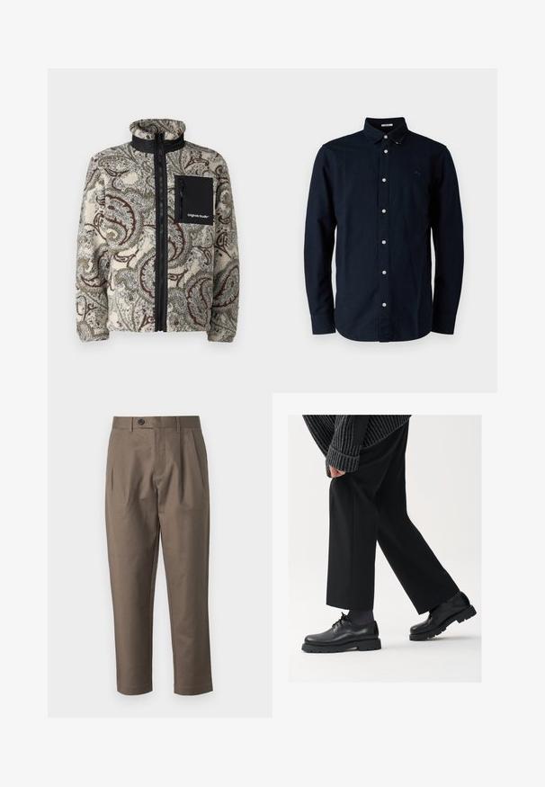 Jack & Jones JORVESTERBRO - Fleecejacka - silver birch; Mörkblå knapp-up skjorta i bomull, med klassisk krage, långa ärmar och en liten broderad logotyp på bröstet.; Bruna, skräddarsydda byxor med platt front, två sidofickor och knappstängning. Slät, lättvikts tyg med rak ben-design.; Svarta läderskor med rund tå, snörningsdesign och tjock, strukturerad sula. Bärs med skräddarsydda svarta byxor och en ribbad tröja.