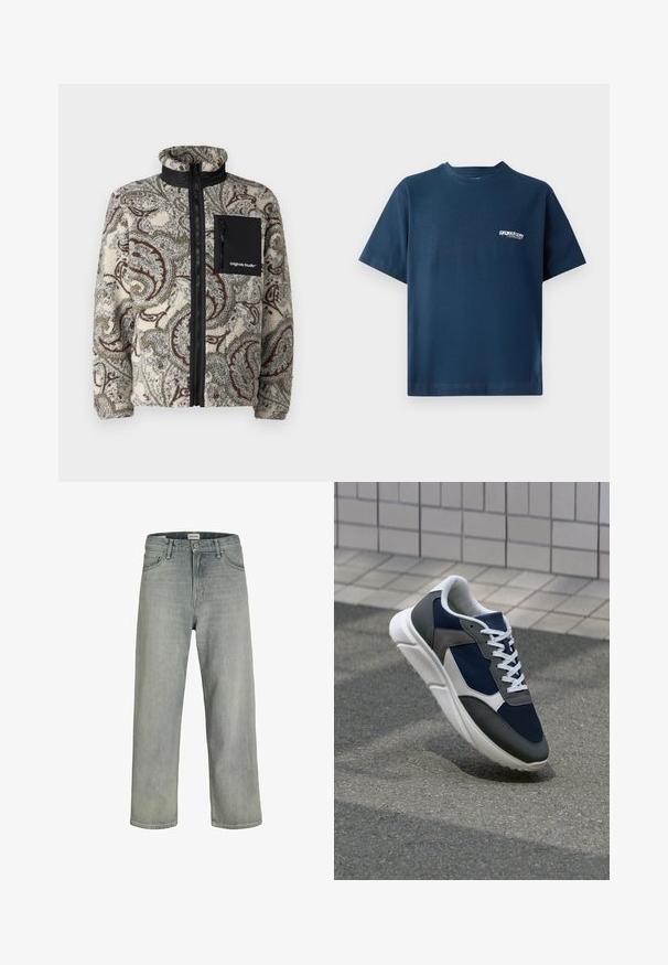 Jack & Jones JORVESTERBRO - Fliisjakk - silver birch; Tumed sinine puuvillane t-särk lühikeste varrukatega ja ümmarguse kaelusega. Vasakul rinnal on väike valge logo. Pehme tekstuur.; Heledad hallhallid, laia lõikega denimist teksased. Omavad klassikalist viie tasku disaini, vööloopse ja sirget säärelõiget.; Sneaker, mille sinine võrkkangas, hallid nubukdetailid, valge kummitald ja lamedad valged paelad, disainitud mugavuseks ja hingavuseks.