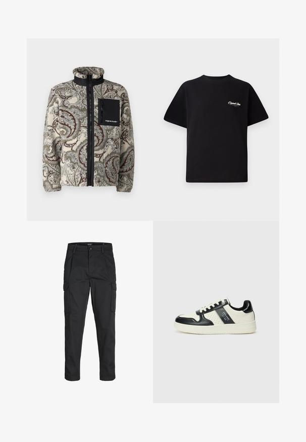 Jack & Jones JORVESTERBRO - Flīsa jaka - silver birch; Melnas kokvilnas t-krekls ar apaļu kakla izgriezumu, īsām piedurknēm un maziem baltiem logotipa uzrakstiem kreisajā krūšu daļā. Vienkāršs dizains, klasiskā piegriezne.; Melnas kravas bikses, izgatavotas no izturīga auduma, ar vairākiem kabatām, pogu aizdari un šaura piegriezuma dizainu ar sašaurinātiem kāju apakšiem.; Ādas sporta apavi ar melnbaltu krāsu shēmu, ar perforētiem akcentiem, mīkstinātu apkakli un teksturētu zoli.