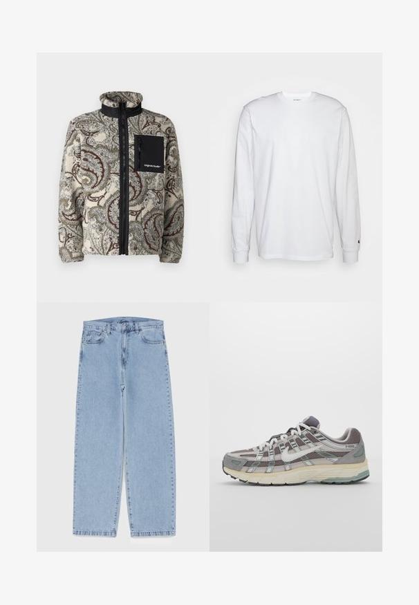 Jack & Jones JORVESTERBRO - Flísová bunda - silver birch; Biela dlhá bavlnená tričko s dlhým rukávom. Dizajn s okrúhlym výstrihom a rebrovanými manžetami, malá nášivka na ľavom rukáve. Hladká textura.; Svetlomodré denimové džínsy s rovnými nohavicami, s polovysokým pásom, piatimi vreckami a zapínaním na gombík a zips.; Šedá športová obuv so zvrškom z nylonu a semišu, bielymi akcentmi, polstrovanou podrážkou a jedinečným dizajnom s reflexnými prvkami.