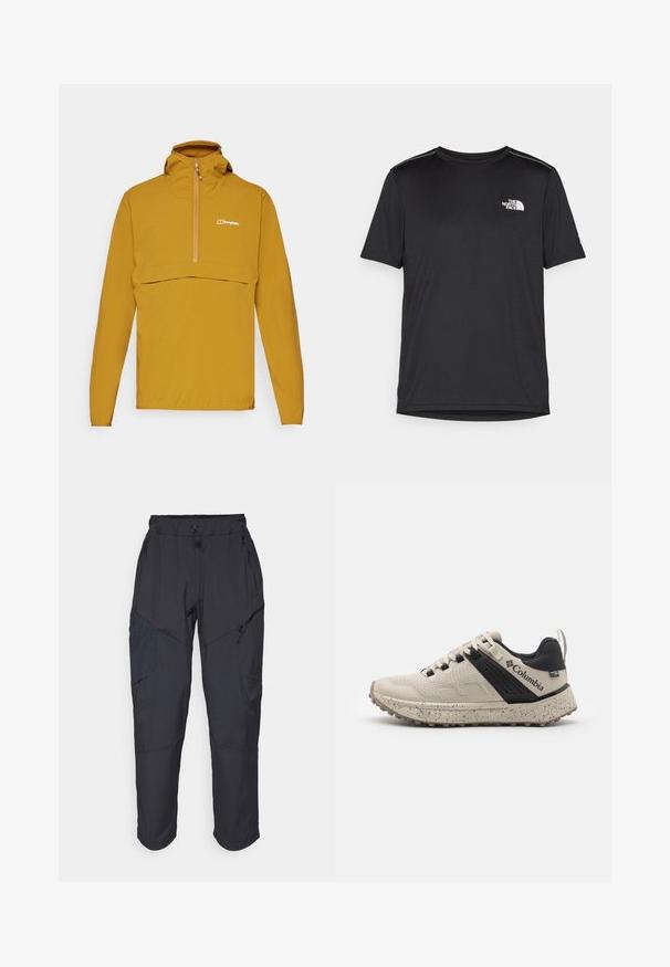 Dzeltena kapuce ar pūkaina jaka ar pus-zip priekšpusi, elastīgiem piedurkņu galiem un krūškurvja kabatu. Satur logotipu kreisajā pusē. Gluda auduma virsma.; Melnas īsām piedurknēm T-kreklas, izgatavots no viegla auduma. Uz kreisā krūtīm ir neliels balts logo un smalki plecu akcenti.; Melnas kravas bikses, izgatavotas no viegla, ūdens izturīga materiāla; ar elastīgu jostasvietu, vairākiem kabatām ar rāvējslēdzējiem un sašaurinātiem ievedumiem.; Columbia sporta apavi zandā un melnā krāsā, ar teksturētu sieta virsējo daļu, punktotu starpsolu un izturīgu gumijas zoli, kas nodrošina saķeri.