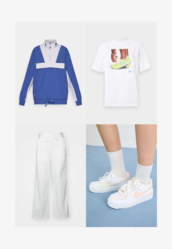 Kék és világoslila pulóverdzseki álló gallérral, elöl cipzárral, elasztikus mandzsettákkal és állítható derékfűzővel; elülső zsebbel rendelkezik.; Fehér pamut póló, amelyen sárga Nike cipőben lévő lábak grafika található kék részletekkel, bal csuklón pedig egy karkötő látható.; Fehér, bő szárú nadrág, pamutból készült, sima textúrával, egyenes szabással, elülső zsebekkel és tiszta szegéllyel.; Fehér sportcipők barack színű díszítéssel, sima bőr felsőrész, perforált orr, texturált talp és fűzők. Fehér crew zoknikkal viselve egy kék felületen.