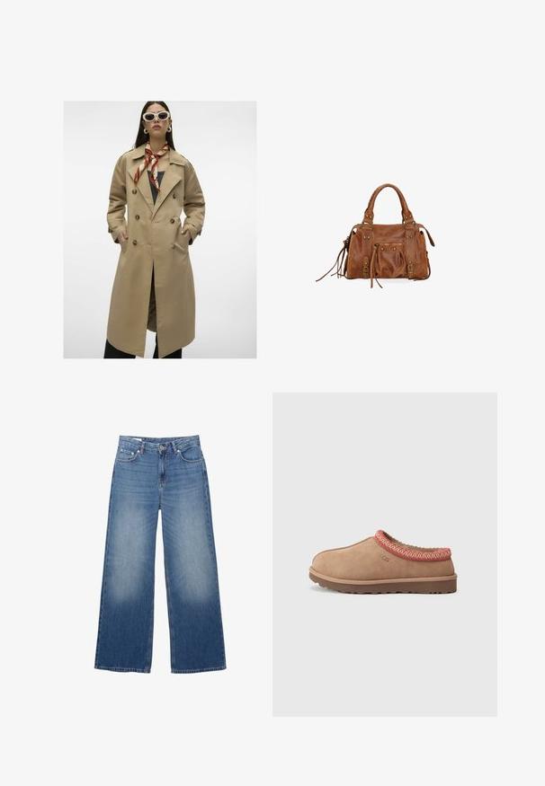 Trench coat doppiopetto beige con grandi bottoni, tasche laterali e un'apertura sul retro. Presenta un ampio colletto e una texture di tessuto liscia.; Cardigan corto blu navy realizzato in materiale morbido, con maniche lunghe, scollatura rotonda e chiusura con sei bottoni sul davanti.; Top bianco leggero a maniche lunghe con scollatura rotonda, vestibilità comoda e una texture liscia. Presenta spalle scese e orlo dritto.; Jeans in denim chiaro a gamba larga, dall'aspetto sbiadito, con cinque tasche e chiusura a bottone in vita. Materiale in cotone, taglio dritto.; UGG TASMAN II - Ciabattine - rocky oak; Borsa a tracolla in pelle marrone con due manici superiori, tasche con zip e frange decorative. Presenta borchie metalliche e una superficie texture.