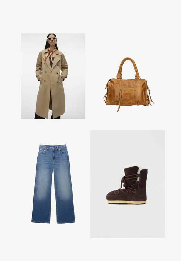 Beige dubbelzijdige trenchcoat met grote knopen, zijzakken en een achterventilatie. Beschikt over een brede kraag en een gladde stofstructuur.; Marineblauwe cropped cardigan gemaakt van zacht materiaal, met lange mouwen, ronde halslijn en zes knopen aan de voorkant.; Witte lange mouwen top van gladde stof. Heeft een ronde halslijn, verlaagde schouders en een ontspannen pasvorm met een licht gebogen zoom.; Wijdvallende, lichtblauwe denim jeans met een verouderde uitstraling, vijf zakken en een knoopsluiting bij de taille. Katoenen materiaal, rechte pasvorm.; Bruine suède laars met een witte nepbont bovenkant, veters en een beige rubberen zool. Aan de zijkant staat de tekst "MOON BOOT."; Tan leren handtas met twee korte handvatten, ritsvak, metalen accenten en decoratieve zijtassels. Zachte textuur met een licht gerimpelde afwerking.