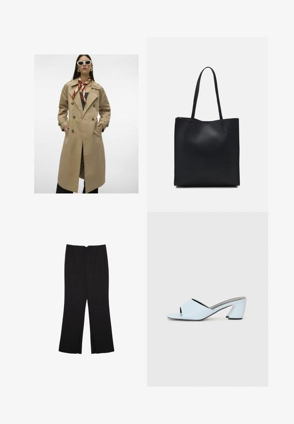 Béžový dvojradový trenčkot s veľkými gombíkmi, bočnými vreckami a zadným rozparkom. Má široký golier a hladký textilný povrch.; Čierny tank top vyrobený z bavlny, s okrúhlym výstrihom a širokými ramienkami. Hladká textúra so zošitými okrajmi. Klasický, minimalistický dizajn.; Čierne nohavice so strihom rovného strihu, s prednými vreckami a bočnými rozparkami na leme. Vyrobené z mäkkej, hladkej tkaniny. Vhodné na rôzne príležitosti.; Svetlomodré otvorené štýlové sandále na vysokom opätku s geometrickým dizajnom, s širokým pásom cez nohu a masívnym, ostrým opätkom.; Čierna kožená taška na rameno s hladkým povrchom, obdĺžnikovým tvarom a dvoma dlhými uchami. Bez viditeľného kovania alebo ozdôb.
