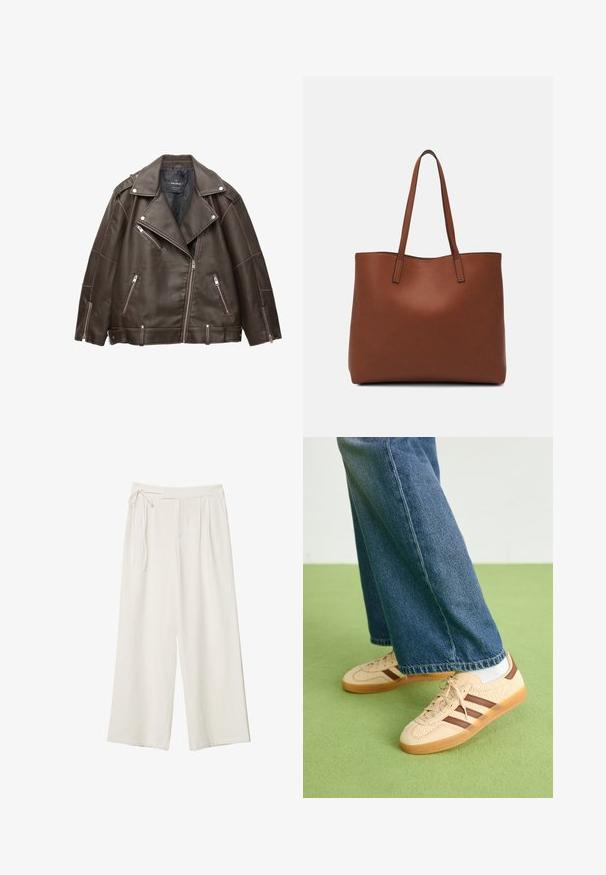 Ruskea tekonahkainen moottoripyöräntakki leveillä läpillä, hopeiset vetoketjut taskuissa ja hihoissa sekä säädettävät vyönauhat helmassa.; Kahvinsävyinen lyhythihainen t-paita, joka on valmistettu pehmeästä kankaasta. Pyöreä pääntie ja rento malli. Ei näkyviä kuvioita tai koristeita.; Lepuh lebar dengan kain putih krem yang halus. Memiliki pinggang yang diikat dan bagian depan berlipit, dirancang untuk potongan yang santai.; Beige lenkkarit, joissa on tekstuuriset kerma-paneelit ja ruskeat raidat, yhdistettynä sinisiin farkkuihin. Farkut ovat leveät ja niissä on repaleinen helma.; Ruskea nahkainen olkalaukku, jossa on sileä pinta, avoin yläosa ja kaksi olkahihnaa. Omaavat vain minimaalisen ompelun eikä näkyvää metalliosaa.