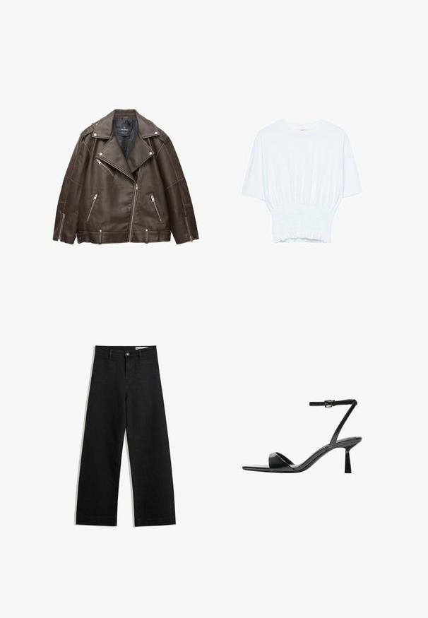 Hnědá koženka motorkářské bundy s širokými klopami, stříbrnými zipy na kapsách a rukávech a nastavitelnými pásky u spodního okraje.; Bílý tričko s krátkým rukávem, se volným střihem a nařasenou texturou v pase. Vyrobeno z měkkého, lehkého materiálu.; Černé denimové kalhoty s volným střihem a vysokým pasem, vybavené předními a zadními kapsami, prošívanými švy a knoflíkovým zapínáním. Hladká textura.; Bershka Sandály na vysokém podpatku - black