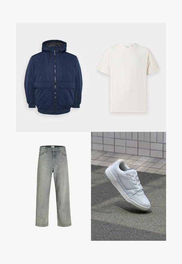 Jack & Jones JJCONSTRUCT - Talvejope - navy; Valge lühikeste varrukatega T-särk ribakudumises. Ümar kaelus, mugav lõige, nähtavad mustrid ega aksessuaarid puuduvad. Lihtne ja mitmekesine disain.; Heledad hallhallid, laia lõikega denimist teksased. Omavad klassikalist viie tasku disaini, vööloopse ja sirget säärelõiget.; Valge nahkne toss, millel on perforeeritud külgedega, tekstuuriga aktsendid, lame pael ja kontrastne hall konts. Omab veidi tõstetud tallat.