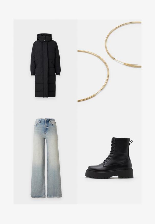 Melnā pildīta garā mēteli ar augstu apkakli, ar rāvējslēdzēju priekšpusē un elastīgām aprocēm. Satur divas sānu kabatas un tam ir gluda auduma tekstūra.; Vero Moda VMNEWCREAM FUNNELNECK PULLOVER - Džemperis - black/birch; Gai zilu platā kāja džinsi, kas izgatavoti no denima, ar augstu jostasvietu, piecām kabatām un redzamu dūrienu gar šuvēm.; Melni ādas potītēm zābaki ar apļveida purngalu, auklām priekšpusē un biezu gumijas zoli ar teksturētu protektoru. Velkšanas cilpa aizmugurē.; Zelta krāsas auskari gredzena formā, plāni un apaļi, ar gludu metāla apdari un bez rotājumiem vai zīmējumiem.