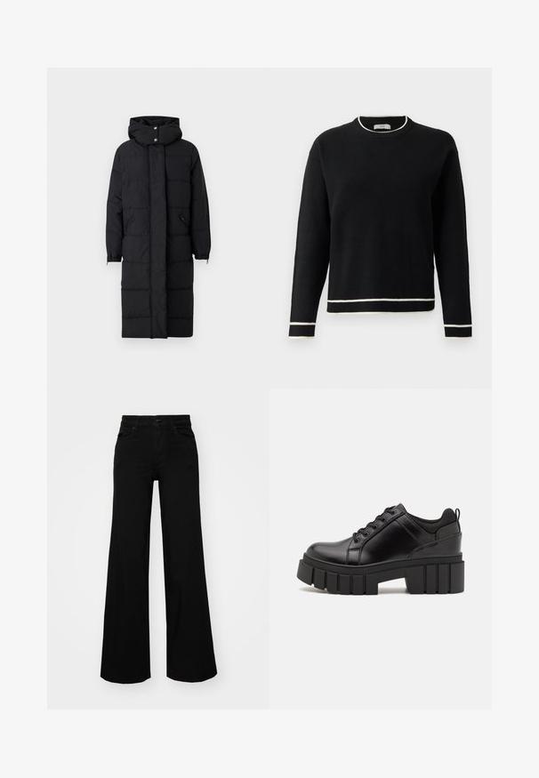 Svart polstret lang frakk med høy krage, glidelås foran og elastiske mansjetter. Har to sidelommer og en glatt stoffstruktur.; Svart langermet genser med rund hals og hvite kanter på kragen, mansjettene og kanten, vist mot en enkel hvit bakgrunn.; Svart vide bukser laget av denim, med en strukturert midjebånd, beltestropper og frontlommer. Glatt tekstur med et klassisk design.; Svarte lærplattformsko med kraftig blokkhell, rund tå og tradisjonell snøring. Har en jevn tekstur og minimal detaljering.
